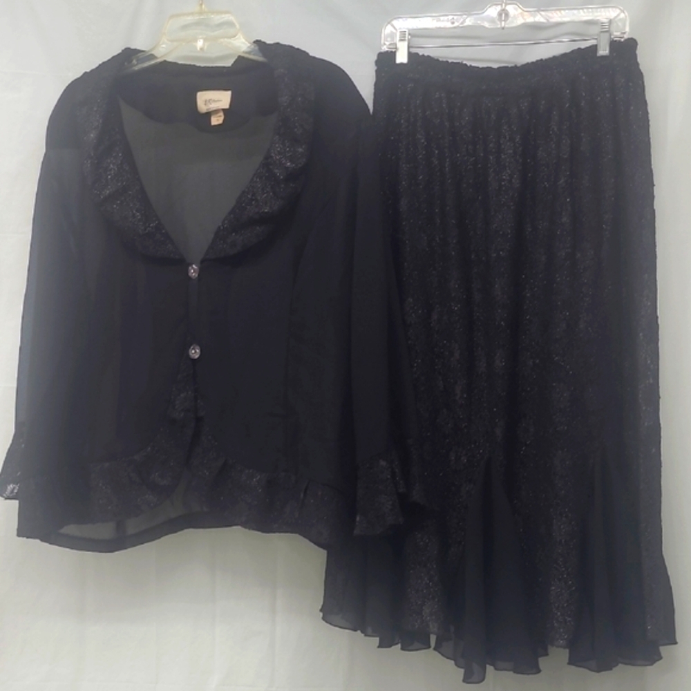 2 Piece Suit Black Lace Maxi Skirt Blazer Jacket Vintage Formal Cocktail